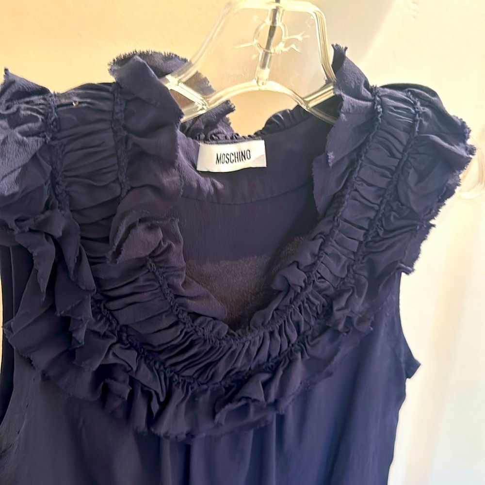 Moschino 100% Silk Ruffle Blouse Navy Blue Size 8  Feminine Statement Top